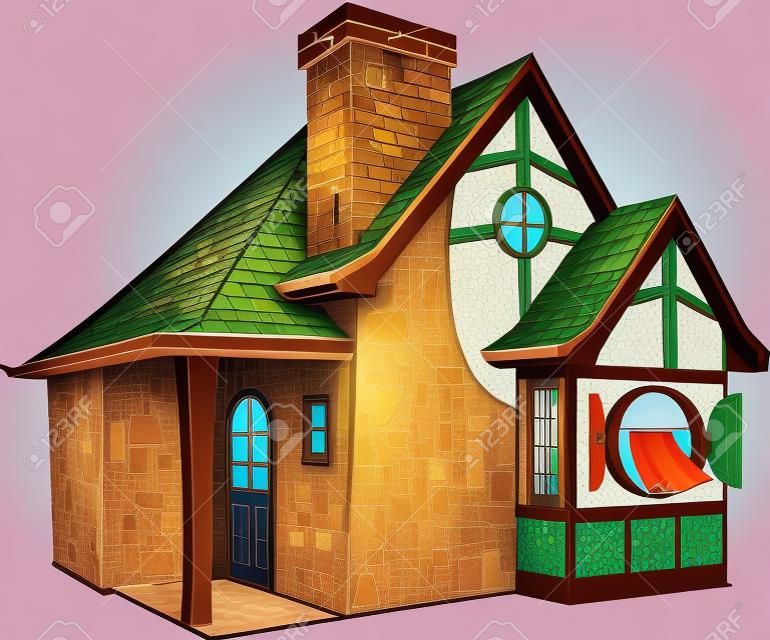 Piccola casa di fiaba con una casa di tetto coperto, illustrazione