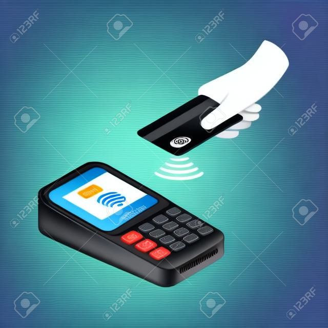 Ilustracja wektorowa płatności nfc. terminal pos potwierdza płatność zbliżeniową kartą kredytową.