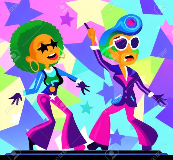Két hűvös rajzfilm disco táncosok, izolált személyek, vektoros illusztráció