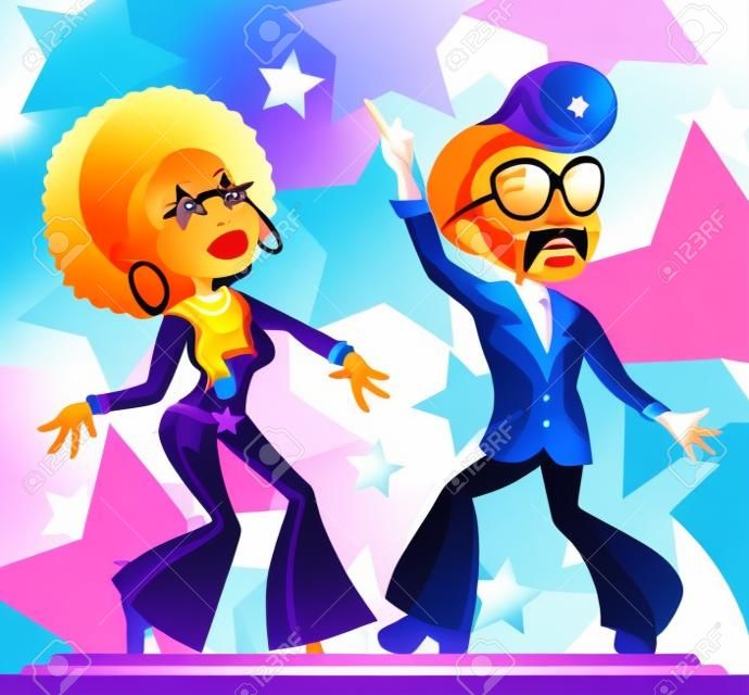 Two cool cartoon disco dancers, isolated persons, vector illustration