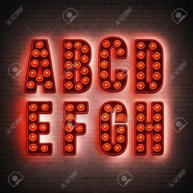 Retro alfabe. Gerçekçi eski harfler. Neon ampuller. Kırmızı Retro harfler. eski vintage harflerin ayarlayın. karanlıkta parlayan. işaretler için mektuplar. bağbozumu tarzı ile kelimeler. vektör çizim