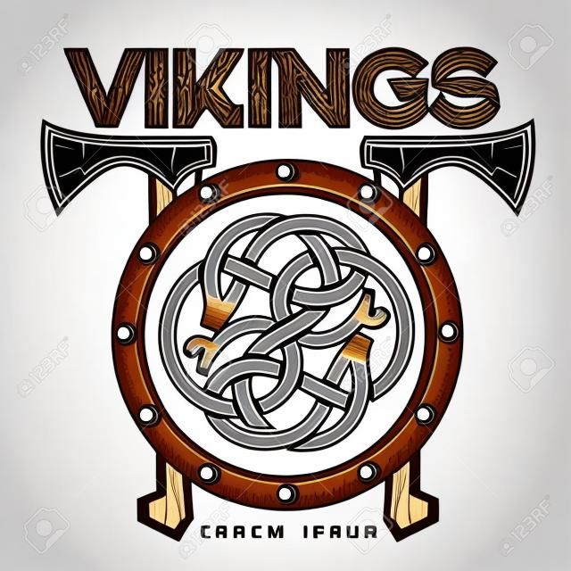 Viking Battle щит с осями, векторные иллюстрации простой логотип на белом фоне, логотип Скандинавский деревянный боевой щит с осями, Скандинавский дизайн логотипа кельтская