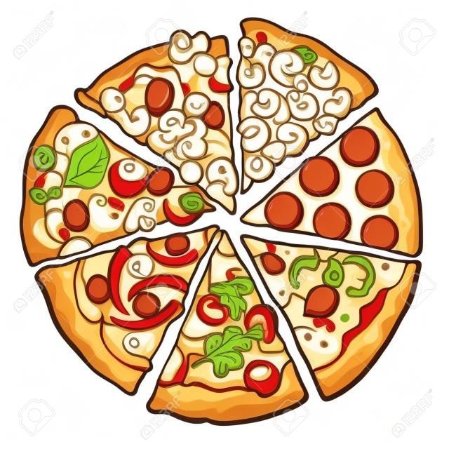 Set of various pizza pieces, sketch style vector illustration isolated on white background. Slices of freshly baked and tasty mashroom pepperoni pepper shrimp cheese pizza. American Italian fastfood
