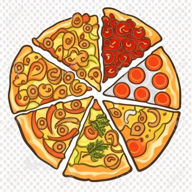 Set van verschillende pizza stukken, schets stijl vector illustratie geïsoleerd op witte achtergrond. Slices van vers gebakken en smakelijke mashroom peperoni garnalen kaas pizza. Amerikaanse Italiaanse fastfood