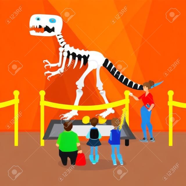 Kids in museum looking at dinosaur skeleton, cartoon style vector illustration. Museum guide telling children about a prehistoric dinosaur bones. School trip to museum