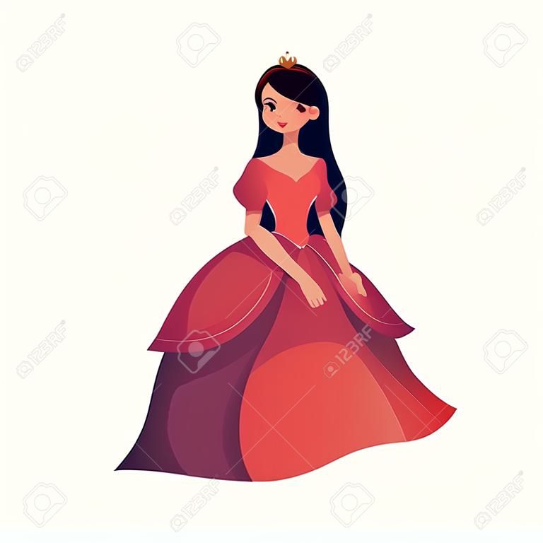 美麗的公主可愛的收集，卡通矢量插圖隔離在白色背景。美麗的公主晚禮服