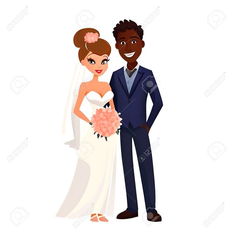 Caucasian bride and African groom, just married couple, cartoon vector illustration isolated on white background. White bride and black groom, mixed couple, wedding ceremony