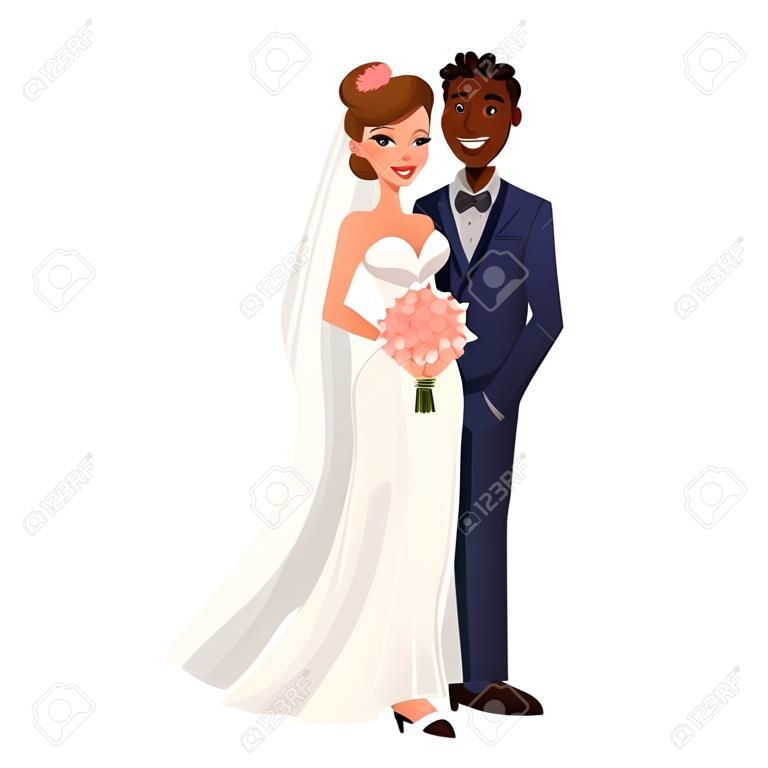 Caucasian bride and African groom, just married couple, cartoon vector illustration isolated on white background. White bride and black groom, mixed couple, wedding ceremony