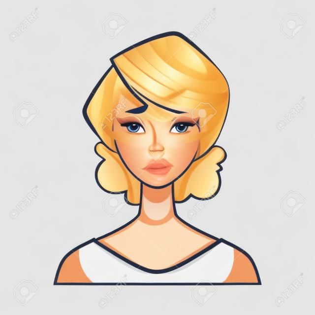 Pretty blond woman, upset, confused facial expression, cartoon vector illustrations isolated on white background. Beautiful woman feeling upset, concerned, confused frustrated.