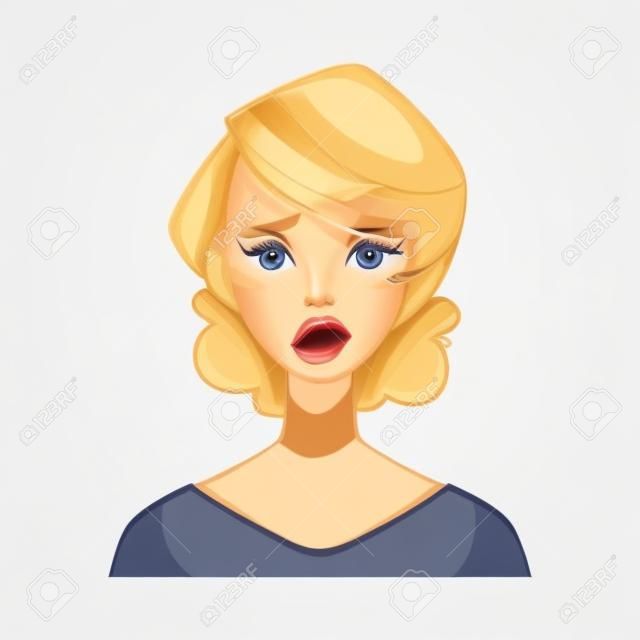 Pretty blond woman, upset, confused facial expression, cartoon vector illustrations isolated on white background. Beautiful woman feeling upset, concerned, confused frustrated.
