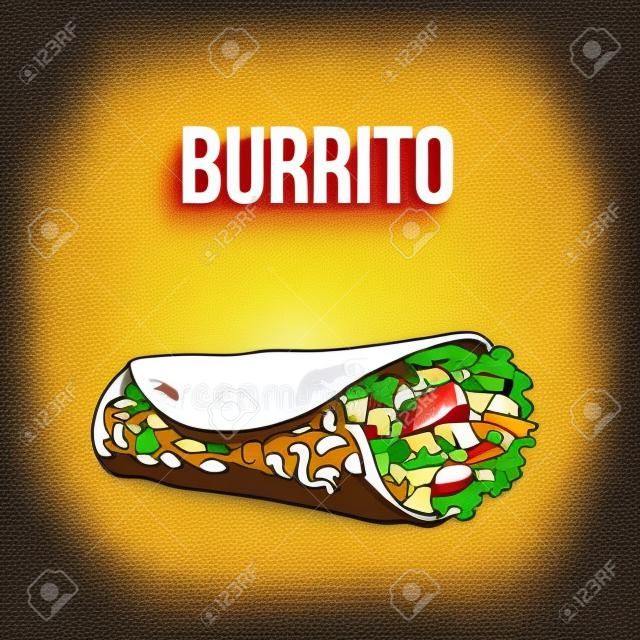 Burrito, cucina tradizionale messicana, si incontrano a terra con le verdure laminati in tortilla, illustrazione vettoriale schizzo su sfondo bianco. A mano Burrito messicano - mais, tortilla di grano con ripieno di carne