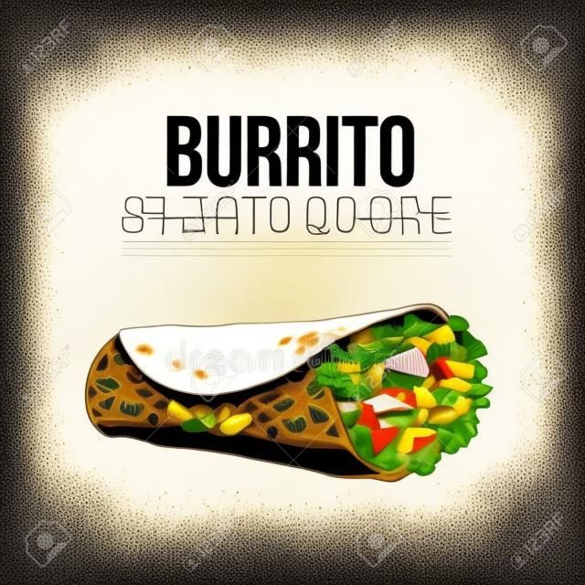 Burrito, cucina tradizionale messicana, si incontrano a terra con le verdure laminati in tortilla, illustrazione vettoriale schizzo su sfondo bianco. A mano Burrito messicano - mais, tortilla di grano con ripieno di carne