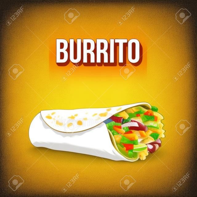 Burrito, cuisine mexicaine traditionnelle, rez-de-rencontre avec des légumes roulé dans une tortilla, croquis illustration sur fond blanc. Hand drawn burrito mexicain - maïs, tortilla de blé avec garniture de viande