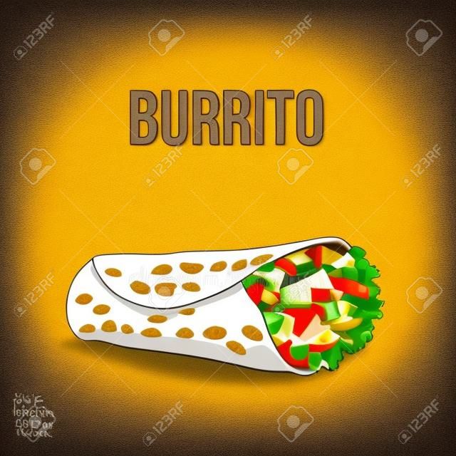Burrito, traditional Mexican food, ground meet with vegetables rolled into tortilla, sketch vector illustration on white background. Hand drawn Mexican burrito - corn, wheat tortilla with meat filling