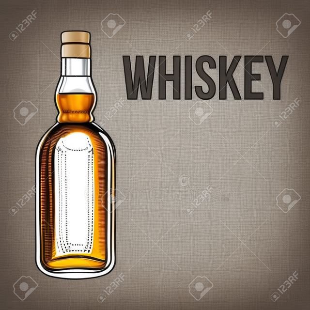 未開封，未標記的完整威士忌酒瓶，素描風格矢量圖孤立在白色背景上。現實手繪無標籤，未開封威士忌，朗姆酒，白蘭地瓶