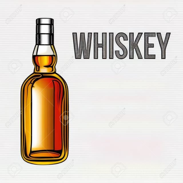 Unopened, sans étiquette bouteille de whisky plein, croquis style vecteur illustration isolé sur fond blanc. dessin d'un whisky non ouvert, rhum, brandy bouteille sans étiquette main réaliste