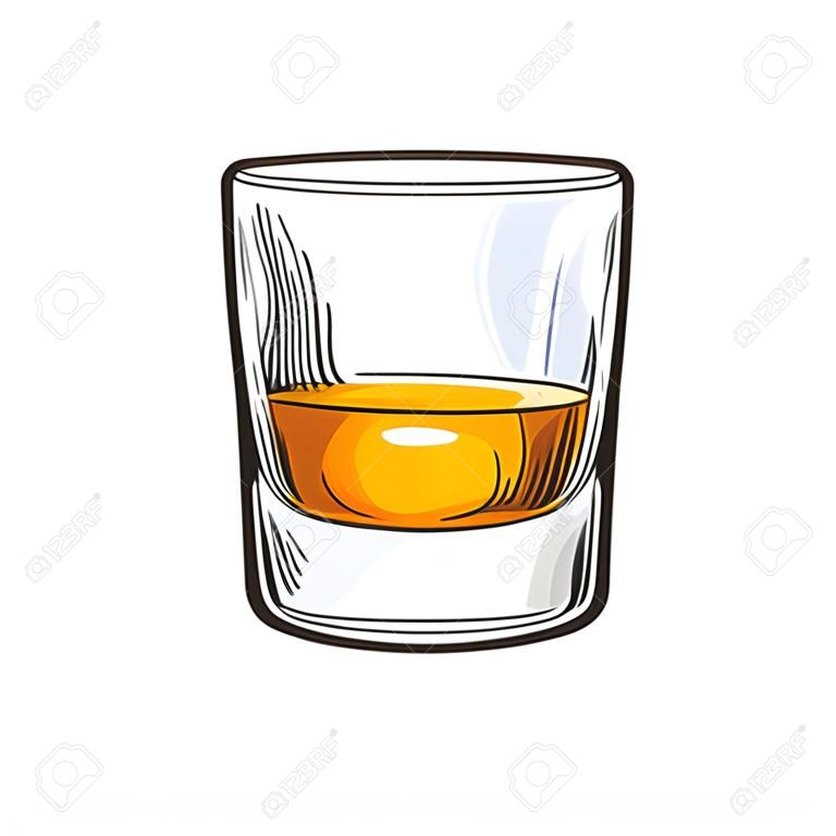 Scotch whiskey, rum, brandy shot glass, sketch style vector illustration isolated on white background. Realistic hand drawing of a glass of whiskey shot