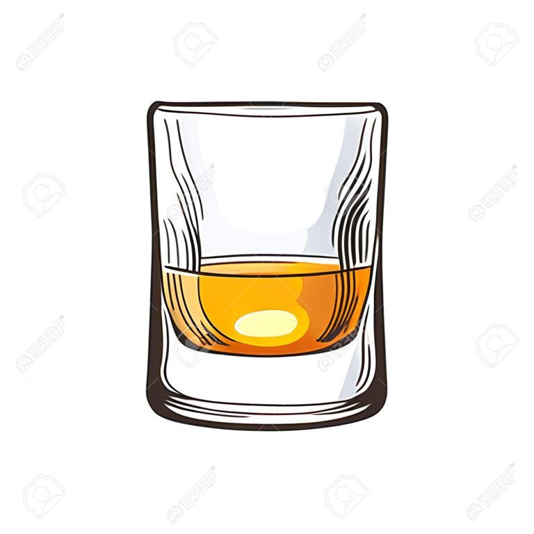 Uísque escocês, rum, vidro conhaque tiro, ilustração vetorial estilo esboço isolado no fundo branco. Realista mão desenho de um copo de uísque tiro