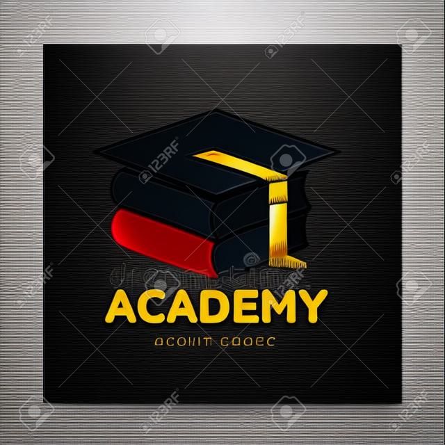 Graphic three colored square academic, graduation cap logo template, vector illustration isolated on black background. Stylized square graphic graduation cap logotype, logo design in three colors