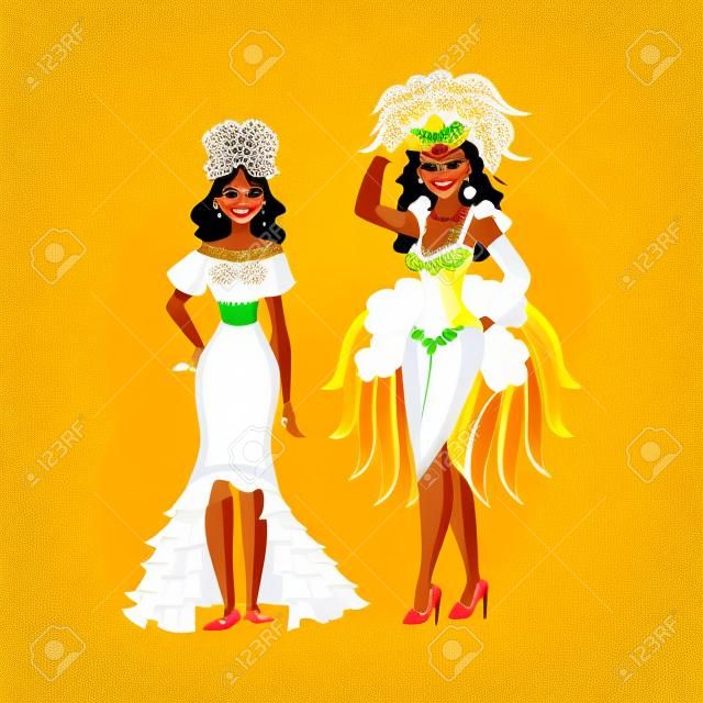 Dwa kobiety ubierającej dla Brazylijskiego karnawału w Rio De Janeiro, samba tancerza w piórkowym kostiumu i napuszonej sukni, kreskówki wektorowa ilustracja odizolowywająca na białym tle. Brazylijskie kobiety w karnawałowych garniturach
