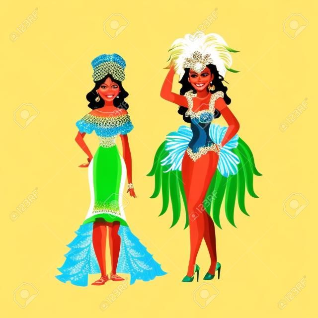Dwa kobiety ubierającej dla Brazylijskiego karnawału w Rio De Janeiro, samba tancerza w piórkowym kostiumu i napuszonej sukni, kreskówki wektorowa ilustracja odizolowywająca na białym tle. Brazylijskie kobiety w karnawałowych garniturach
