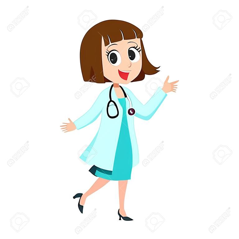 Comic woman doctor character with bob haircut wearing medical coat, pointing to something, cartoon vector illustration isolated on white background. Full length portrait of funny woman doctor pointing