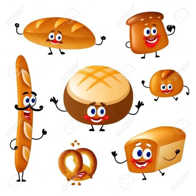 Állítsa be a vicces kenyér, sütőipari karakterek az emberi arcokat, rajzfilm vektoros illusztráció elszigetelt fehér alapon. Mosolygó fehér, rozs és teljes kiőrlésű kenyér, kenyér, baguette, croissant, bun karakterek