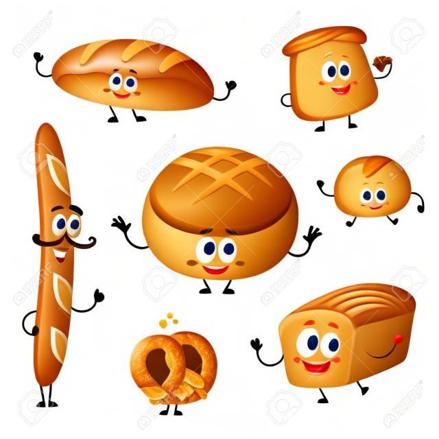 Állítsa be a vicces kenyér, sütőipari karakterek az emberi arcokat, rajzfilm vektoros illusztráció elszigetelt fehér alapon. Mosolygó fehér, rozs és teljes kiőrlésű kenyér, kenyér, baguette, croissant, bun karakterek