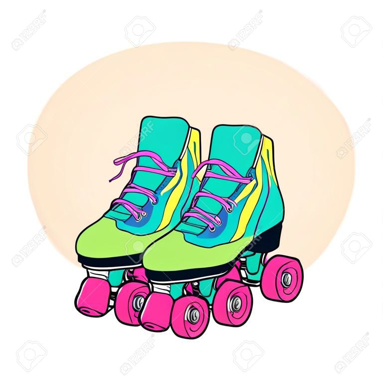Pair of vintage, retro quad roller skates, sketch style, hand drawn illustration with space for text. Realistic hand drawn, sketch style pair of colorful quad roller skates with pink laces