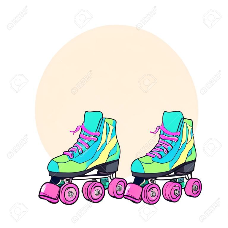Pair of vintage, retro quad roller skates, sketch style, hand drawn illustration with space for text. Realistic hand drawn, sketch style pair of colorful quad roller skates with pink laces