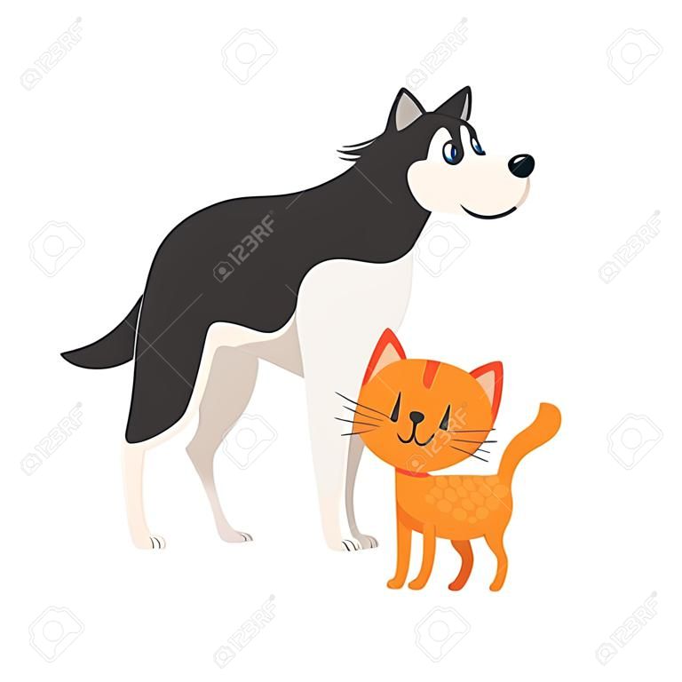 Husky dog dog and red cat, kitten characters, pets, friendship concept, cartoon vector illustration isolated on white background. Husky dog dog and red cat characters, friends