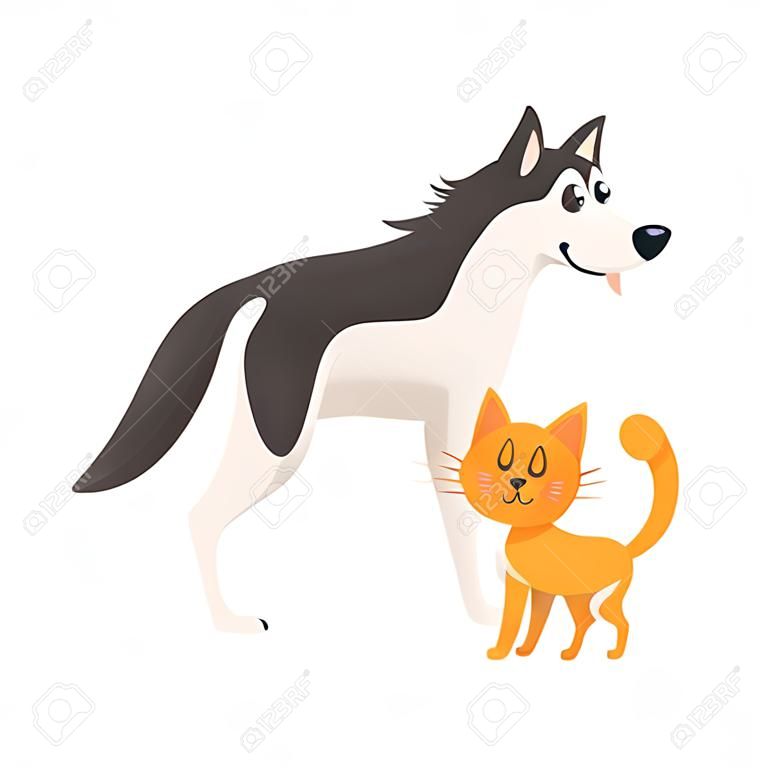 Husky dog dog and red cat, kitten characters, pets, friendship concept, cartoon vector illustration isolated on white background. Husky dog dog and red cat characters, friends