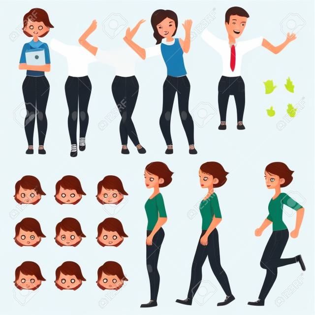 Student, young woman character creation set with different poses, gestures, faces, cartoon vector illustration on white background. Studemt girl creation set, constructor, changeable face, legs, arms
