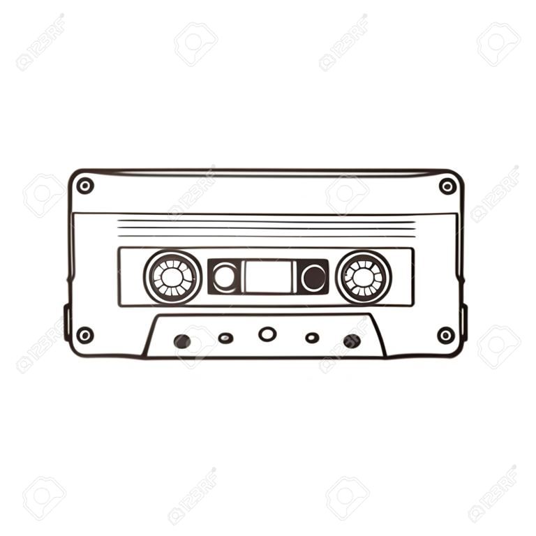 Old fashioned, retro audio cassette from 90s, sketch vector illustration isolated on white background. Front view of hand drawn audio cassette, tape with empty label sticker, retro object from 90s