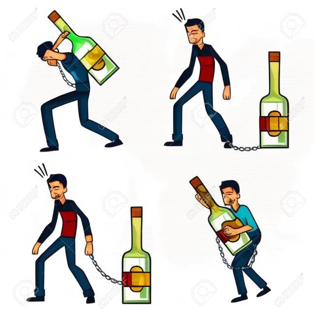 酒、酒、それを運ぶ、抱きしめて、アルコール依存性概念のボトルにチェーンされている若い男は、漫画ベクトルのイラストが白い背景で隔離の設定します。