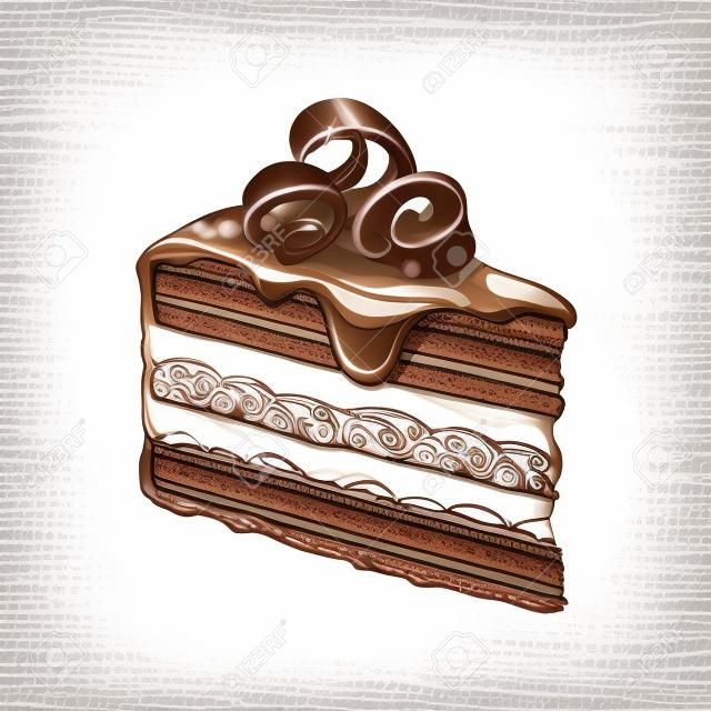 Übergeben Sie gezogenes Stück überlagerten Schokoladenkuchen mit Zuckerglasur und Schnitzeln, Skizzeartillustration, die auf weißem Hintergrund lokalisiert wird. Realistische Handzeichnung des Stückes, Stück Schokoladenkuchen