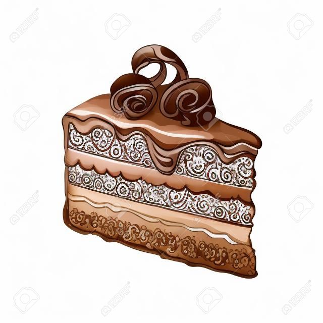 Hand drawn piece of layered chocolate cake with icing and shavings, sketch style illustration isolated on white background. Realistic hand drawing of piece, slice of chocolate cake
