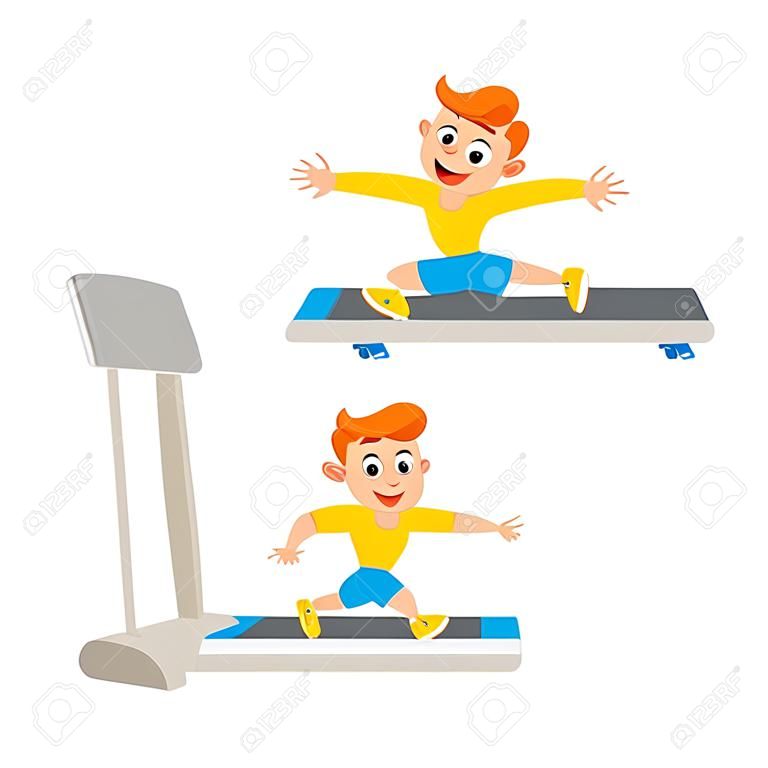 Young man doing sport exercises, training, push-ups, cartoon vector illustration isolated on white background. Cartoon man, guy doing fitness exercises, weightlifting