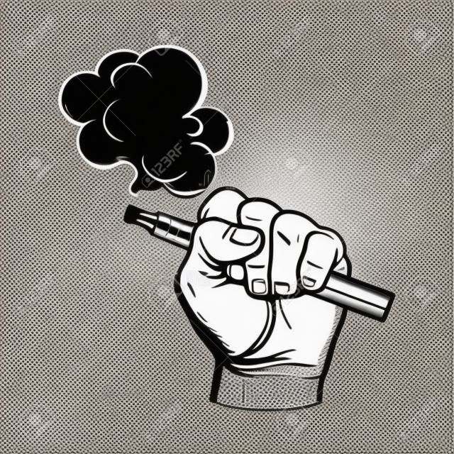 남성의 손에 들고 전자 담배, 전자 담배, 증기 연기 나오는, 스케치 벡터 일러스트 레이 션 흰색 배경에 고립. 전자 담배, 증기 및 연기를 들고 손을 그리기