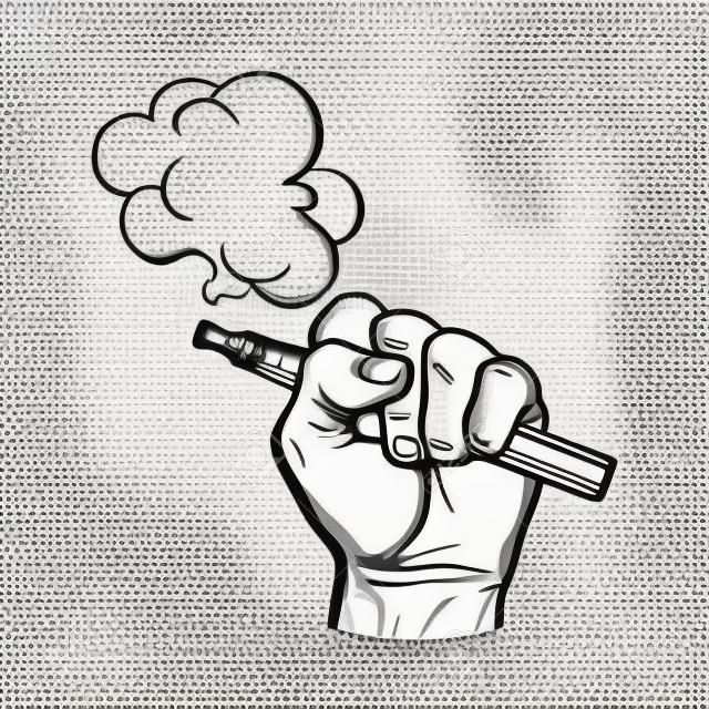 남성의 손에 들고 전자 담배, 전자 담배, 증기 연기 나오는, 스케치 벡터 일러스트 레이 션 흰색 배경에 고립. 전자 담배, 증기 및 연기를 들고 손을 그리기