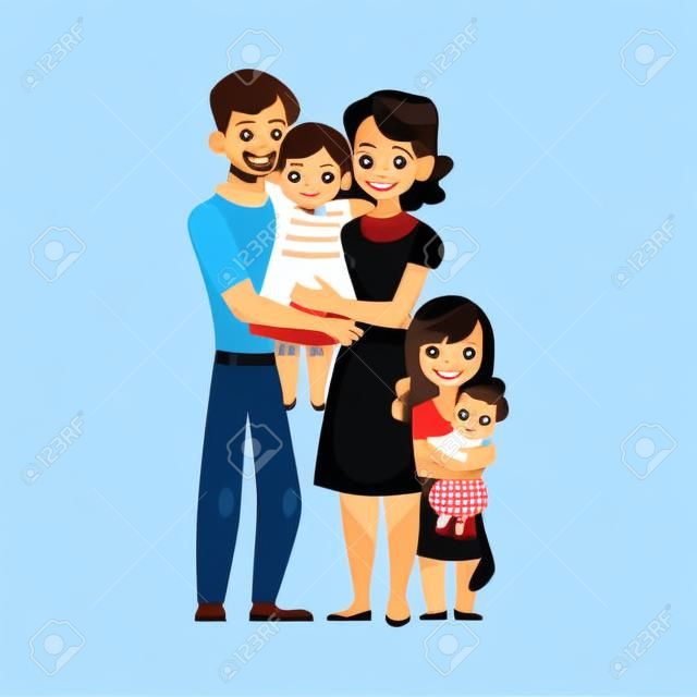 Genitori, mamma e papà, tenendo la piccola figlia, famiglia amorosa, fumetto illustrazione vettoriale su sfondo bianco. Ritratto di tutta la lunghezza della piccola famiglia, madre, padre e figlia, abbracciando l'un l'altro