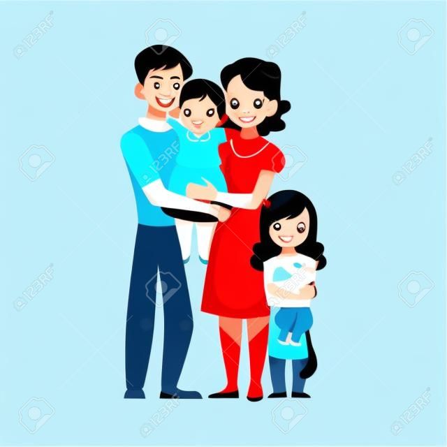 Pais, mãe e pai, segurando a filha pequena, família amorosa, ilustração vetorial dos desenhos animados no fundo branco. Retrato completo da família pequena, mãe, pai e filha, abraçando-se um ao outro