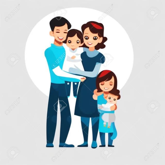 Genitori, mamma e papà, tenendo la piccola figlia, famiglia amorosa, fumetto illustrazione vettoriale su sfondo bianco. Ritratto di tutta la lunghezza della piccola famiglia, madre, padre e figlia, abbracciando l'un l'altro