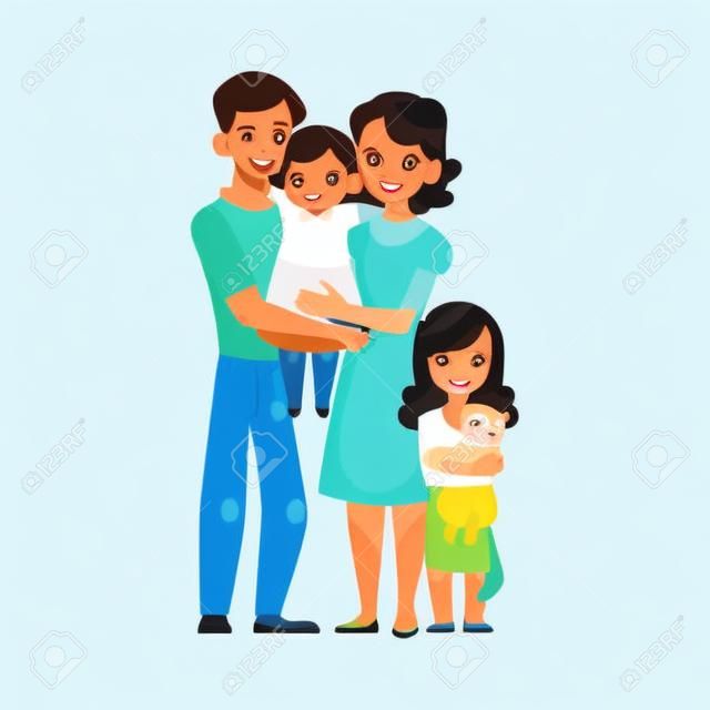 両親、ママとパパ、娘、愛する家族を保持している白い背景のベクトル図を漫画します。ほとんどの家族、母、父と娘、お互いをハグの完全な長さの肖像画