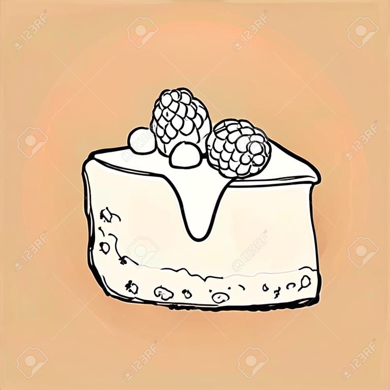 mão preta e branca desenhada pedaço de cheesecake decorado com bagas frescas, ilustração vetorial estilo esboço isolado. Realista mão desenho de peça, fatia de cheesecake, bolo de queijo
