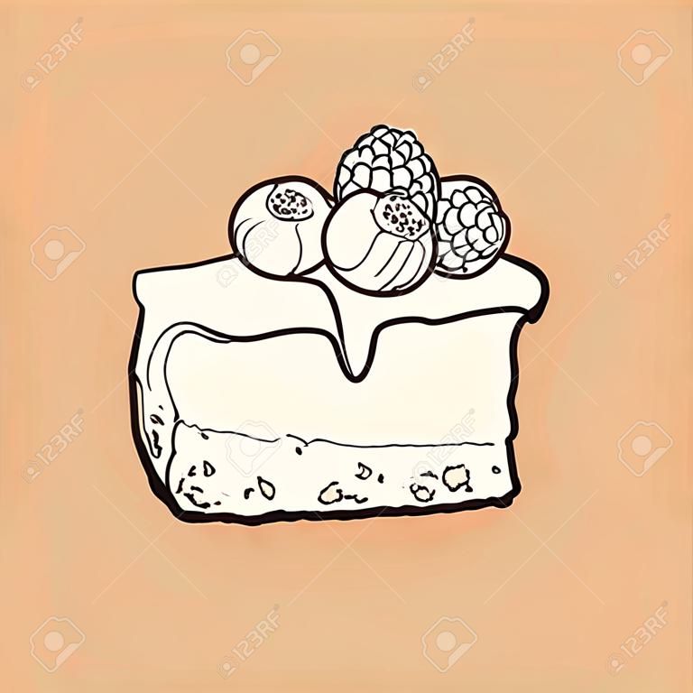 black and white hand drawn piece of cheesecake decorated with fresh berries, sketch style vector illustration isolated. Realistic hand drawing of piece, slice of cheesecake, cheese cake