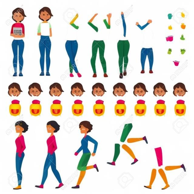 Girl, college or university student creation set with choice of poses, gestures, emotions, cartoon vector illustration on white background. Student girl creation set, changeable face, legs, arms