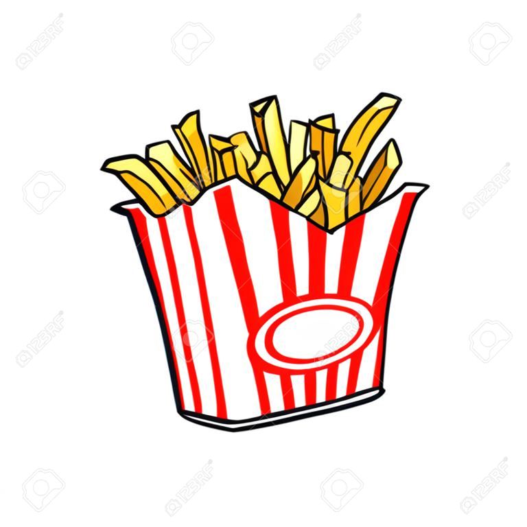 Vector sketch potato fry, french fries on striped red white paper box. Hand drawn cartoon isolated illustration on a white background. Tasty fast food