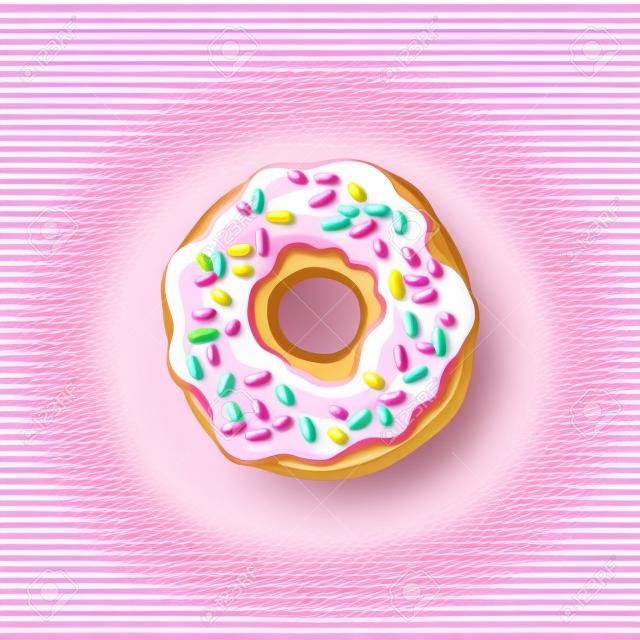 벡터 스케치 핑크 유약 착빙 및 뿌리와 도넛 만화 격리 된 그림 흰색 배경에. 달콤한 맛있는 디저트 음식, 스낵