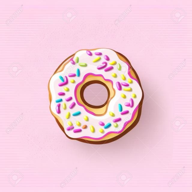Vector sketch donut with pink glaze icing and sprinkles cartoon isolated illustration on a white background. Sweet delicious dessert food, snack